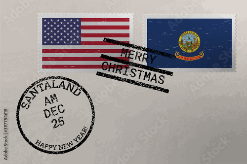 Postage stamp envelope with Idaho and US flag, Christmas and New Year stamps, vector