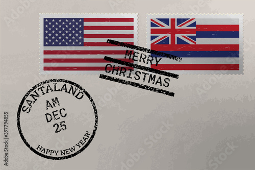 Postage stamp envelope with Hawaii and US flag, Christmas and New Year stamps, vector