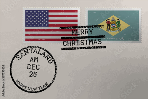 Postage stamp envelope with Delaware and US flag, Christmas and New Year stamps, vector