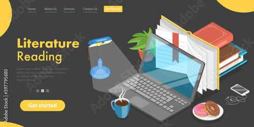 3D Isometric Flat Vector Conceptual Illustration of Literature Reading, Online Library, Distance Education.