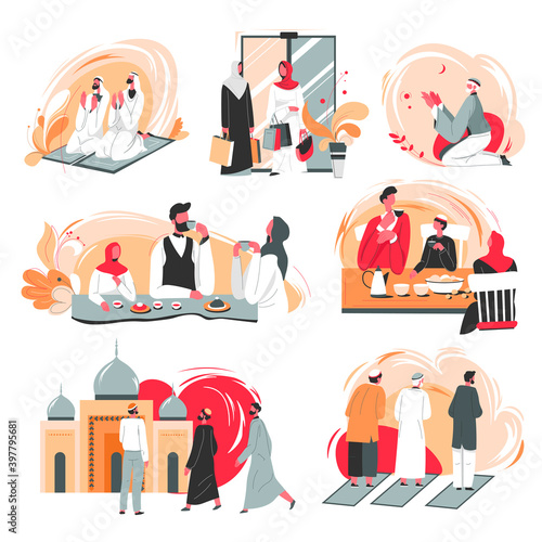Muslim people daily life, praying and chatting