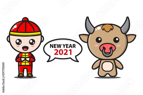 chinese boy and ox say new year 2021