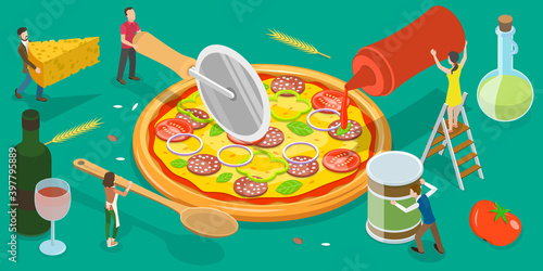 People are Cooking and Eating Pizza. 3D Isometric Flat Vector Conceptual Illustration.