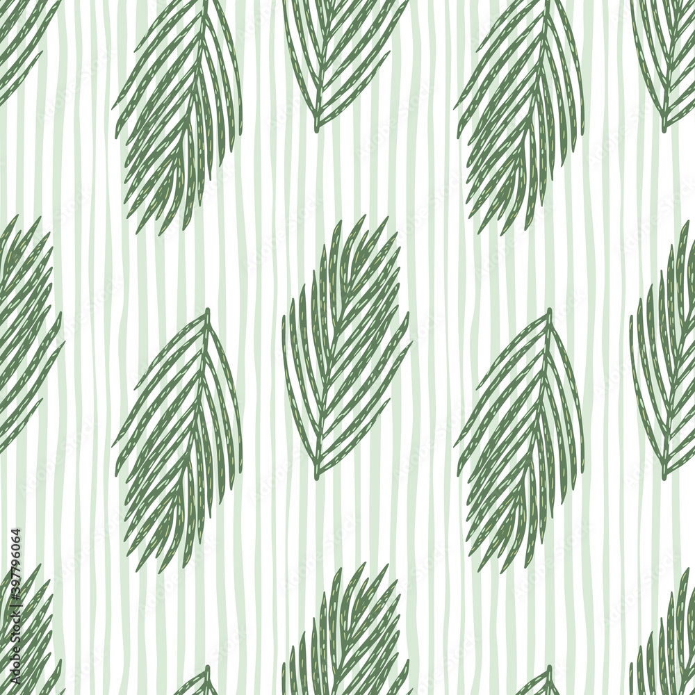 December decor seamless pattern with green foliage fir branches. Light grey striped background.