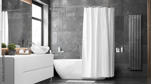Blank white half open shower curtain mockup  front view