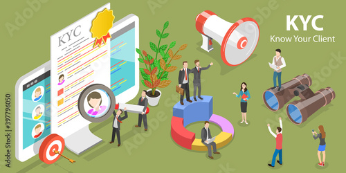 3D Isometric Flat Vector Concept of KYC - Know Your Customer, Anti-Money Laundering Guidelines, Process of Minimizing Financial Risks in Business Relationship.