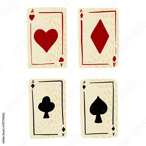Set play cards isolated on white background. Vintage abstract design card hearts, diamonds, clubs and spades in color red and black.