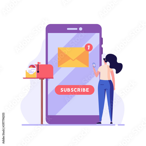 Woman subscribing to newsletter from phone. Concept of subscribe newsletter service, subscription, email subscribe, correspondence, contact us. Vector illustration in flat for UI, website, mobile app