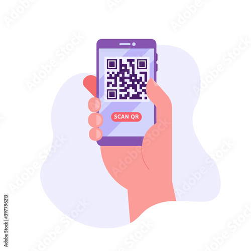 Hand holding phone with QR sign. User scanning QR-code with phone for payment. Concept of QR code, mobile scanner, e-payment, qr verification. Flat vector illustration for UI, website, mobile app