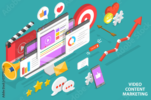 3D Isometric Flat Vector Conceptual Illustration of Video Content Marketing Campaign, Internet Advertising.