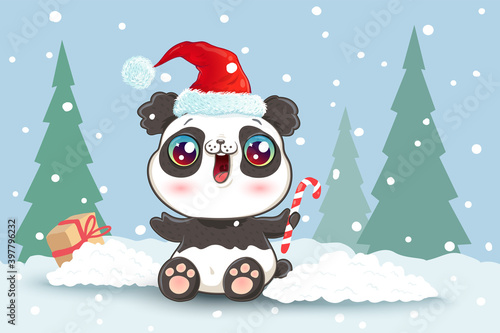 Panda on snow in kawaii style for Christmas © Serazetdinov