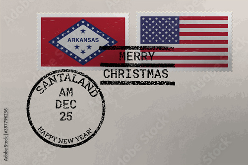 Postage stamp envelope with Arkansas and US flag, Christmas and New Year stamps, vector