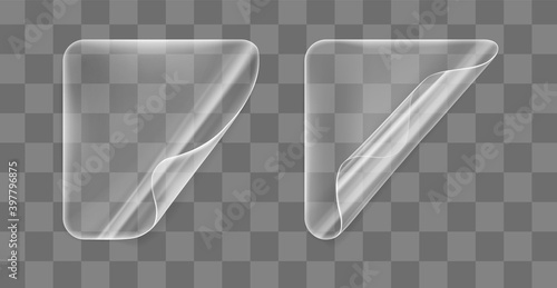 Transparent glued square stickers with curled corners mock up set. Blank adhesive paper or plastic sticker label with curled effect. Template label tags close up. 3d realistic vector icon