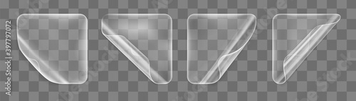 Transparent glued square stickers with curled corners mock up set. Blank adhesive paper or plastic sticker label with curled effect. Template label tags close up. 3d realistic vector icon