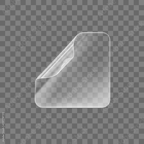 Transparent glued square sticker with curled corner mock up. Blank adhesive paper or plastic sticker label with curled effect. Template label tag close up. 3d realistic vector icon