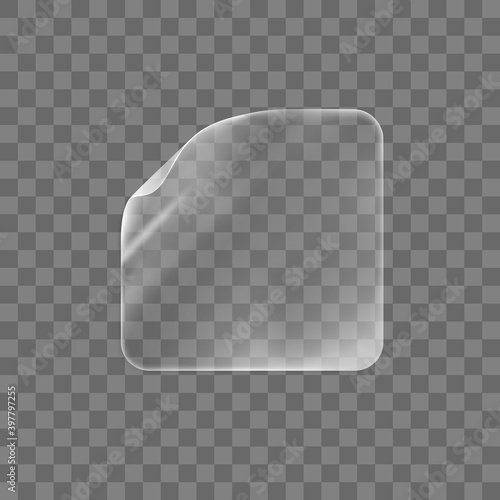 Transparent glued square sticker with curled corner mock up. Blank adhesive paper or plastic sticker label with curled effect. Template label tag close up. 3d realistic vector icon