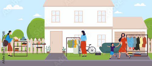 Garage sale in front of the house. Concept of an easy way to sell unnecessary clothes and stuff near house. Flat cartoon vector illustration