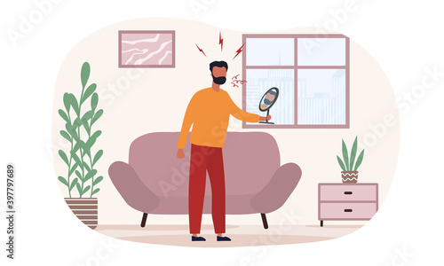 Man is having inner conflict. Concept of internal demons people listen to. Patients suffering from mental disorders, psychological diseases, schizophrenia. Flat cartoon vector illustration