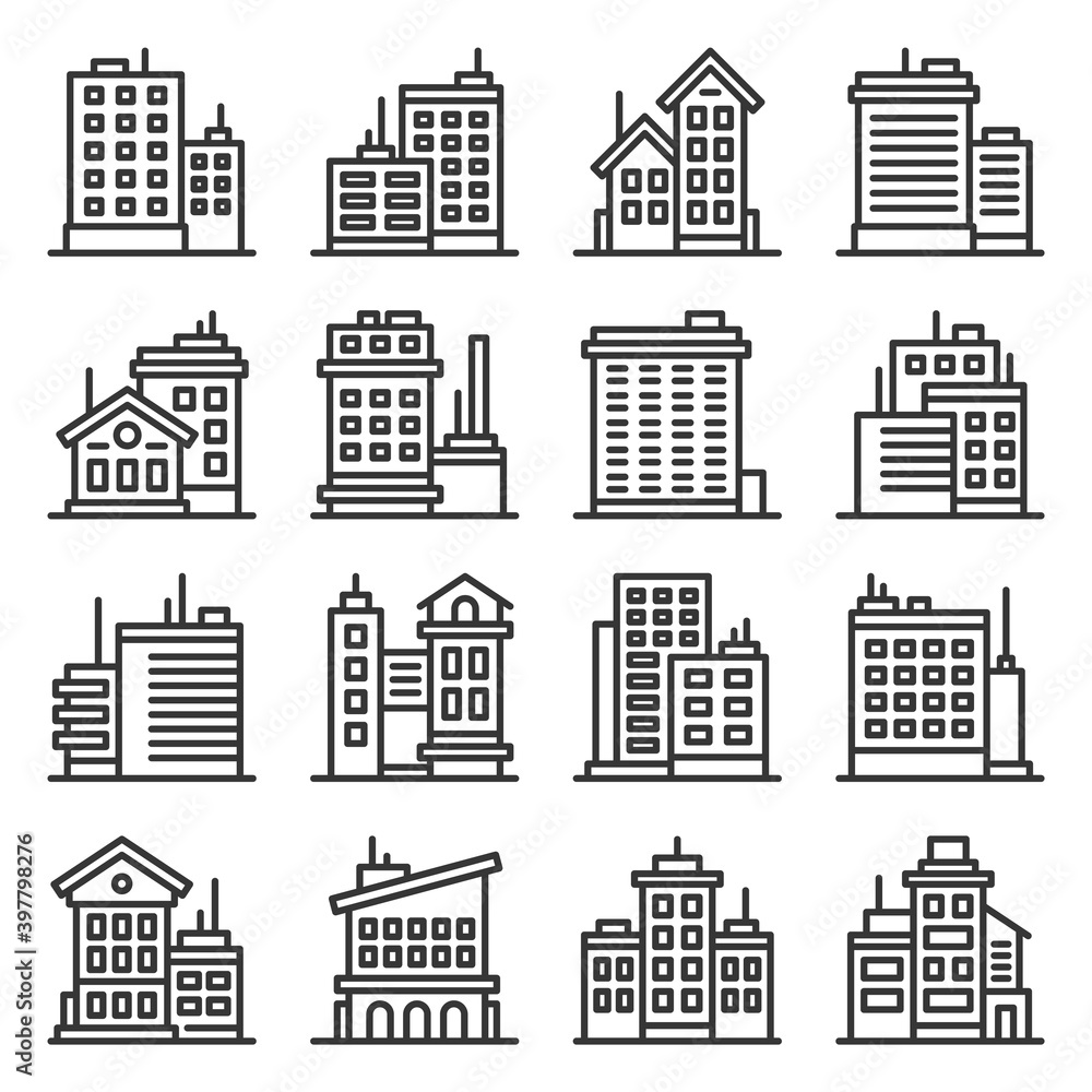 Office Building Architecture Icons Set on White Background. Vector