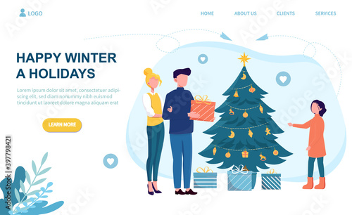 Caucasian parents giving present to daughter near christmas tree. Concept of preparing for the winter holidays and setting festive mood. Website, web page, landing page template