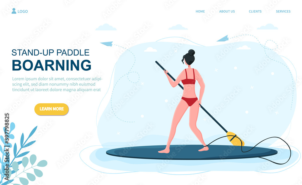 Caucasian woman stand-up paddle boarding. Concept of summer ocean activities. Water sport, vacation on the beach. Website, web page, landing page template. Flat cartoon vector illustration