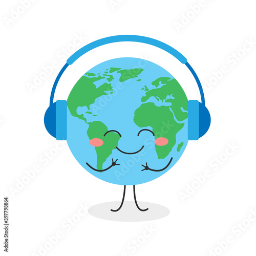 Cheerful cartoon Earth with headphones listening music
