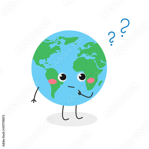 Earth planet cartoon character with question mark