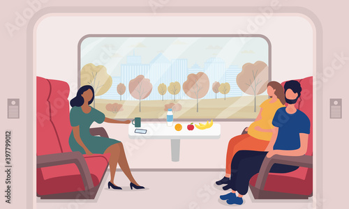 Multiracial male and female passengers travelling by train. People sitting in passenger car. Happy railway journey. Flat cartoon vector illustration