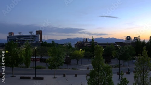 Sunset at the Rice-Eccles football stadium with moutains in the distance, University of Utah photo