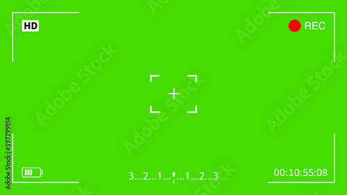 Rec or recording video. Camera rec viewfinder with digital focus and exposure settings. HD camera video viewfinder. Green screen. Vector stock