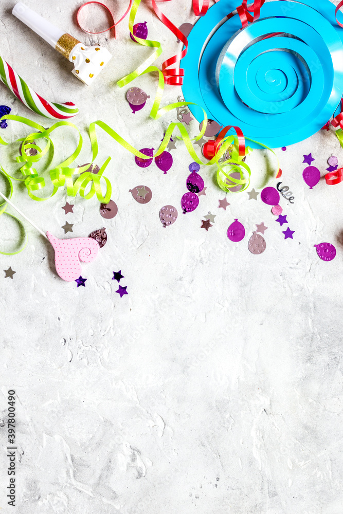 party set with confetti on stone background top view mock up party set with confetti on stone background top view mock up