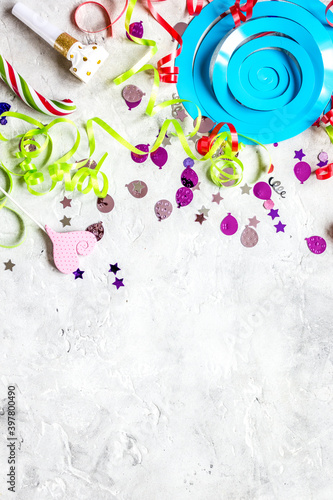 party set with confetti on stone background top view mock up