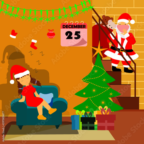 Santa Claus with medical face mask, Giving suprise to children who were sleeping on the sofa in chirstmas day.