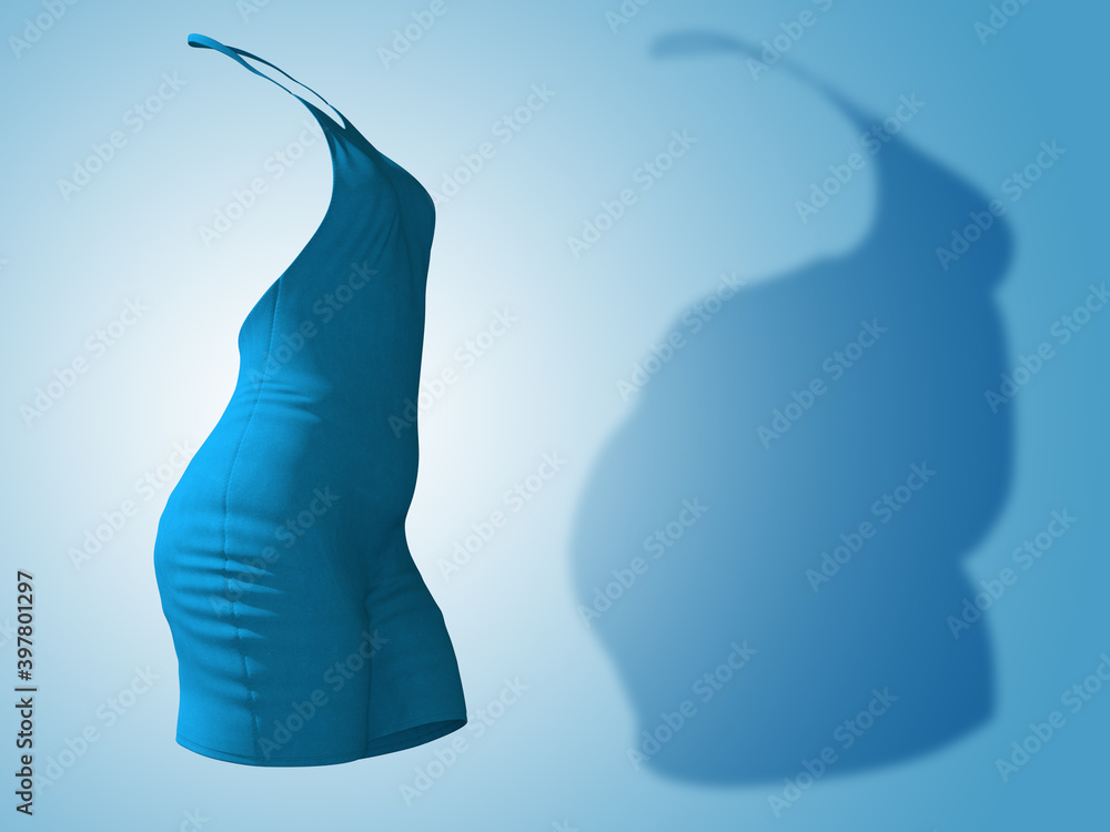 Conceptual fat overweight obese shadow female dress outfit vs slim fit healthy body after weight loss or diet thin young woman on blue. A fitness, nutrition or obesity health shape 3D illustration