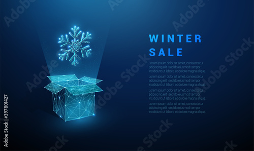 Abstract open box and snowflake. Winter sale template