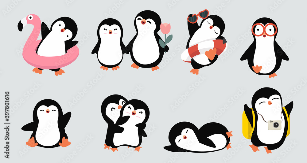 Obraz premium Cute hand drawn little penguins poses vector collection