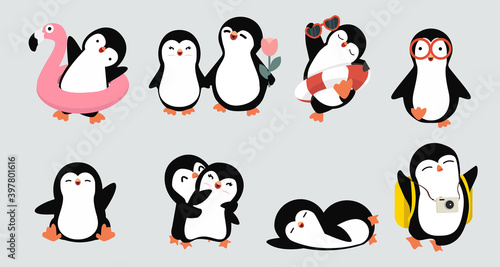 Cute hand drawn  little penguins poses vector collection