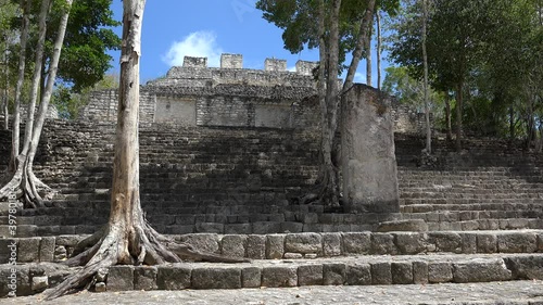 Stela 88 in front of the Structure XIII at the Calakmul Mayan Ruins. Campeche, Mexico