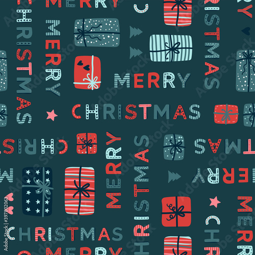 Lovely hand drawn letters "Merry Christmas", creative words, seamless pattern, great for banners, wallpapers, textiles, wrapping - vector design
