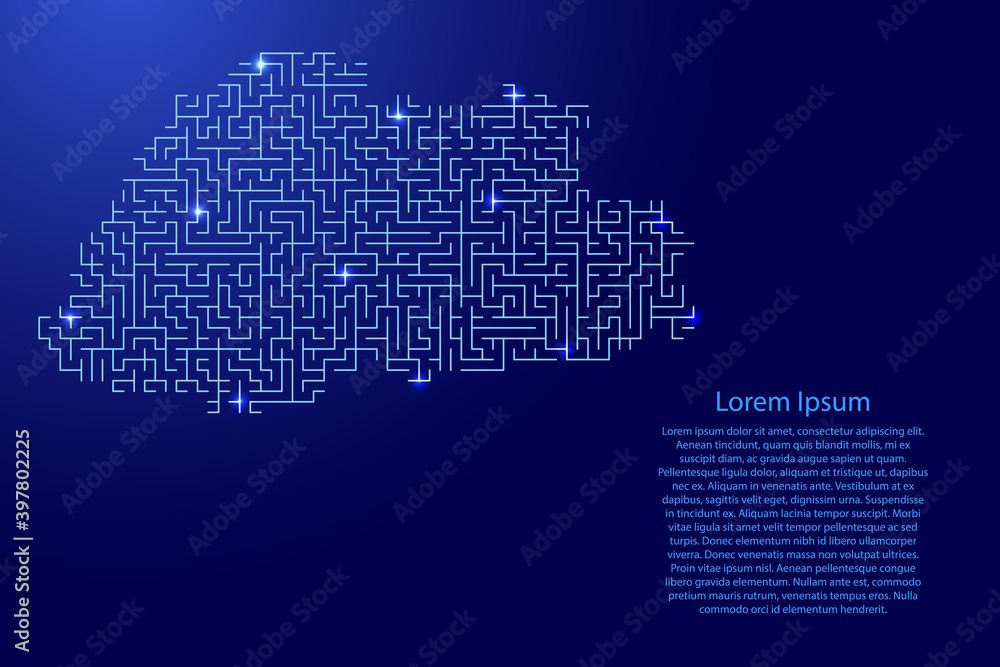 Bhutan map from blue pattern of the maze grid and glowing space stars grid. Vector illustration.