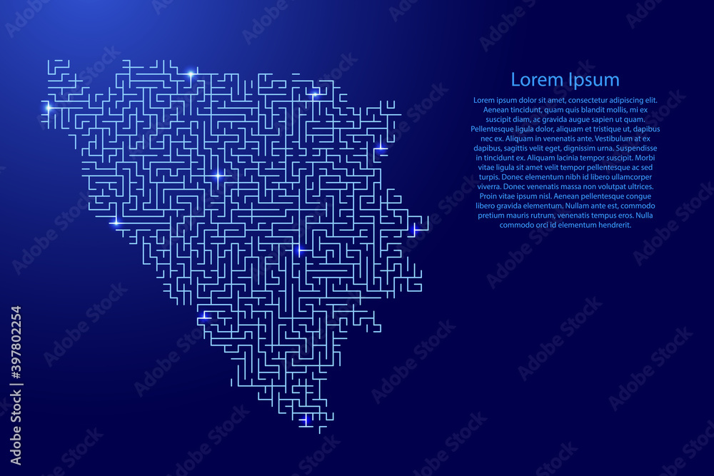 Bosnia and Herzegovina map from blue pattern of the maze grid and glowing space stars grid. Vector illustration.