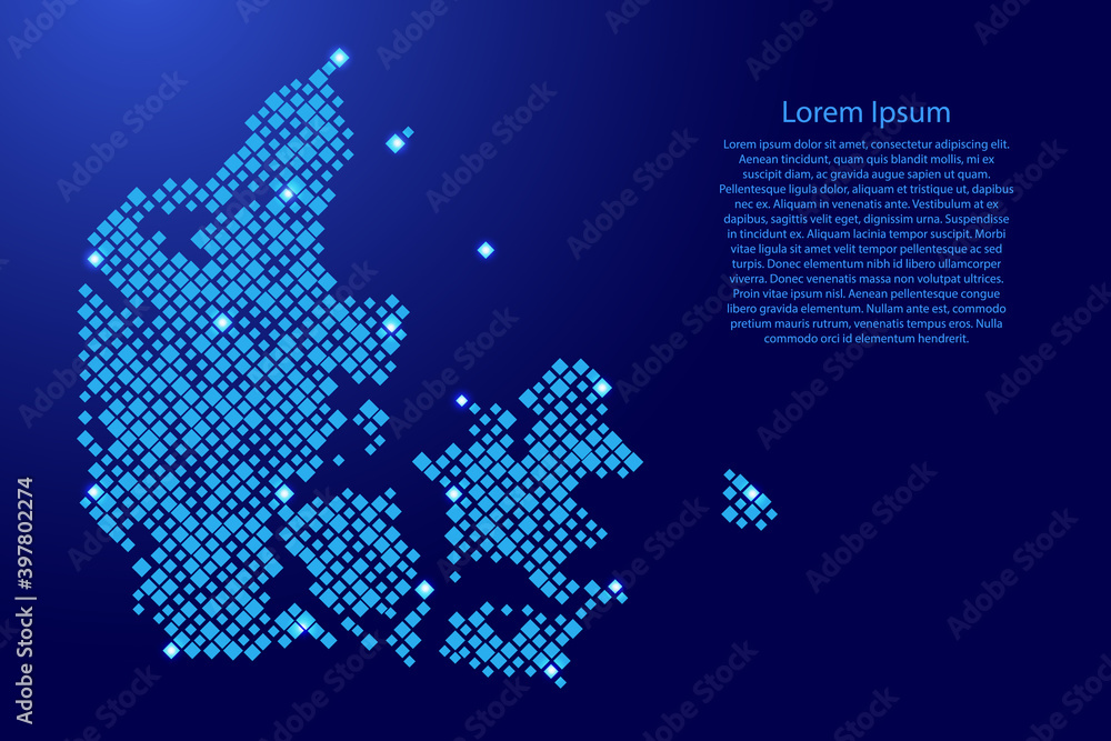 Denmark map from blue pattern rhombuses of different sizes and glowing space stars grid. Vector illustration.