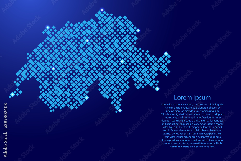 Switzerland map from blue pattern rhombuses of different sizes and glowing space stars grid. Vector illustration.
