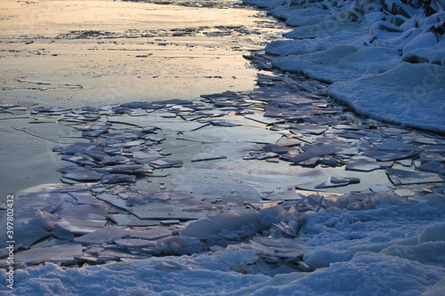 Pieces of ice. Beautiful ice chunks on the river. Ice on the river.