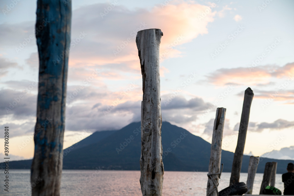 sunset glowing on volcanoes overlooking lake atitlan guatemala sunset glowing on volcanoes overlooking lake atitlan guatemala