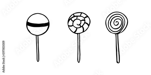 Doodle swirl lollipop illustration. Hand drawn dessert isolated on white background. Vector eps 10.