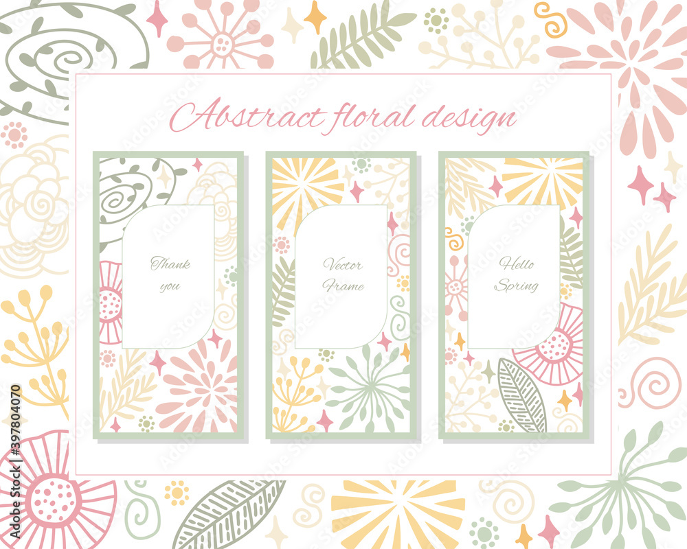 Abstract frame with floral background elements. Design for poster, card, invitation, brochure. Vector illustration hand draw style.