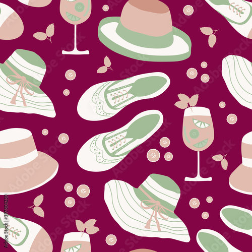 Vintage lawn party seamless vector pattern background. Midcentury style design with shoes, hats, drinks on burgundy backdrop. Elegant hand drawn illustration. All over print for summer concept