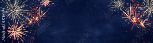 Silvester new year 2024 fireworks background banner panorama long- Colorful firework on rustic dark blue night sky texture