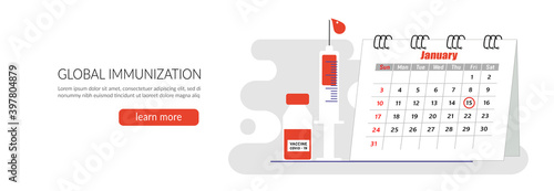 Vaccination concept. Landing page template, banner, icon. Modern, global immunization concept for web design with syringe, vaccine, bottle, antibodies and virus. Flat vector illustration